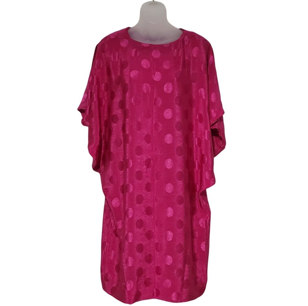 Vintage 80s KONO NEW YORK Metallic Polka Dot Circle Batwing Dress Fuchsia Pink M